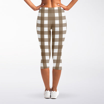 Brown And White Check Pattern Print Women's Capri Leggings