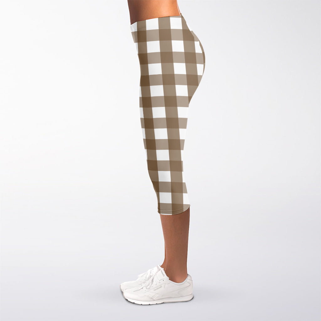 Brown And White Check Pattern Print Women's Capri Leggings