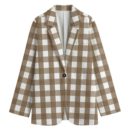 Brown And White Check Pattern Print Women's Cotton Blazer
