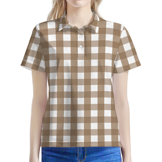 Brown And White Check Pattern Print Women's Polo Shirt