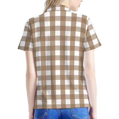 Brown And White Check Pattern Print Women's Polo Shirt