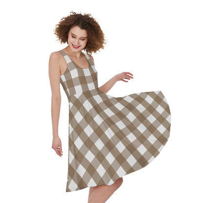 Brown And White Check Pattern Print Women's Sleeveless Dress
