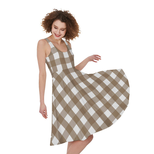 Brown And White Check Pattern Print Women's Sleeveless Dress