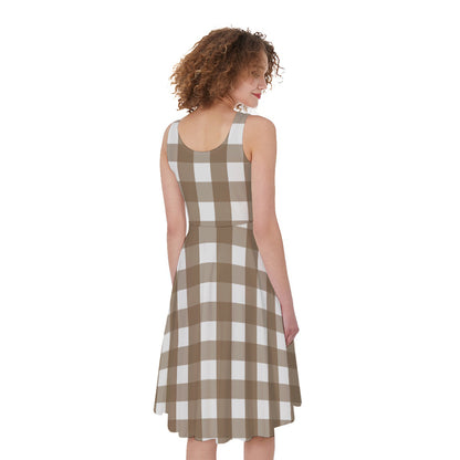 Brown And White Check Pattern Print Women's Sleeveless Dress