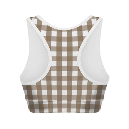 Brown And White Check Pattern Print Women's Sports Bra