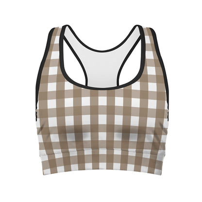 Brown And White Check Pattern Print Women's Sports Bra