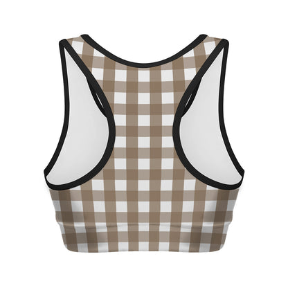 Brown And White Check Pattern Print Women's Sports Bra