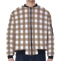 Brown And White Check Pattern Print Zip Sleeve Bomber Jacket