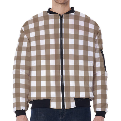 Brown And White Check Pattern Print Zip Sleeve Bomber Jacket