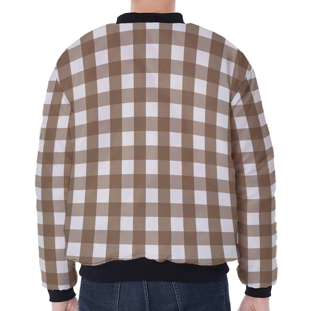 Brown And White Check Pattern Print Zip Sleeve Bomber Jacket
