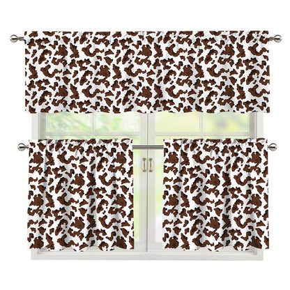 Brown And White Cow Pattern Print 3 Piece Kitchen Curtains