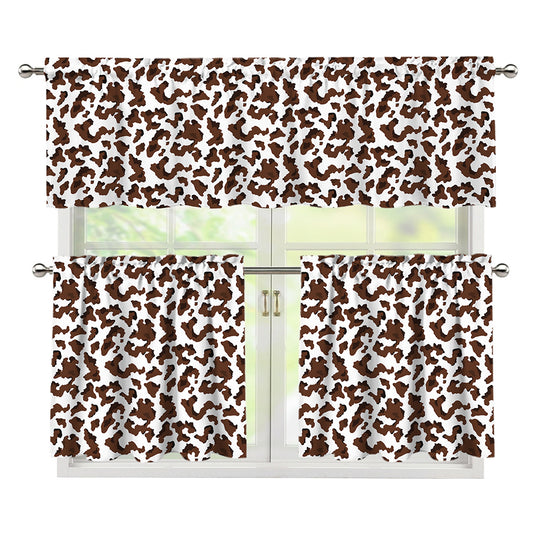 Brown And White Cow Pattern Print 3 Piece Kitchen Curtains