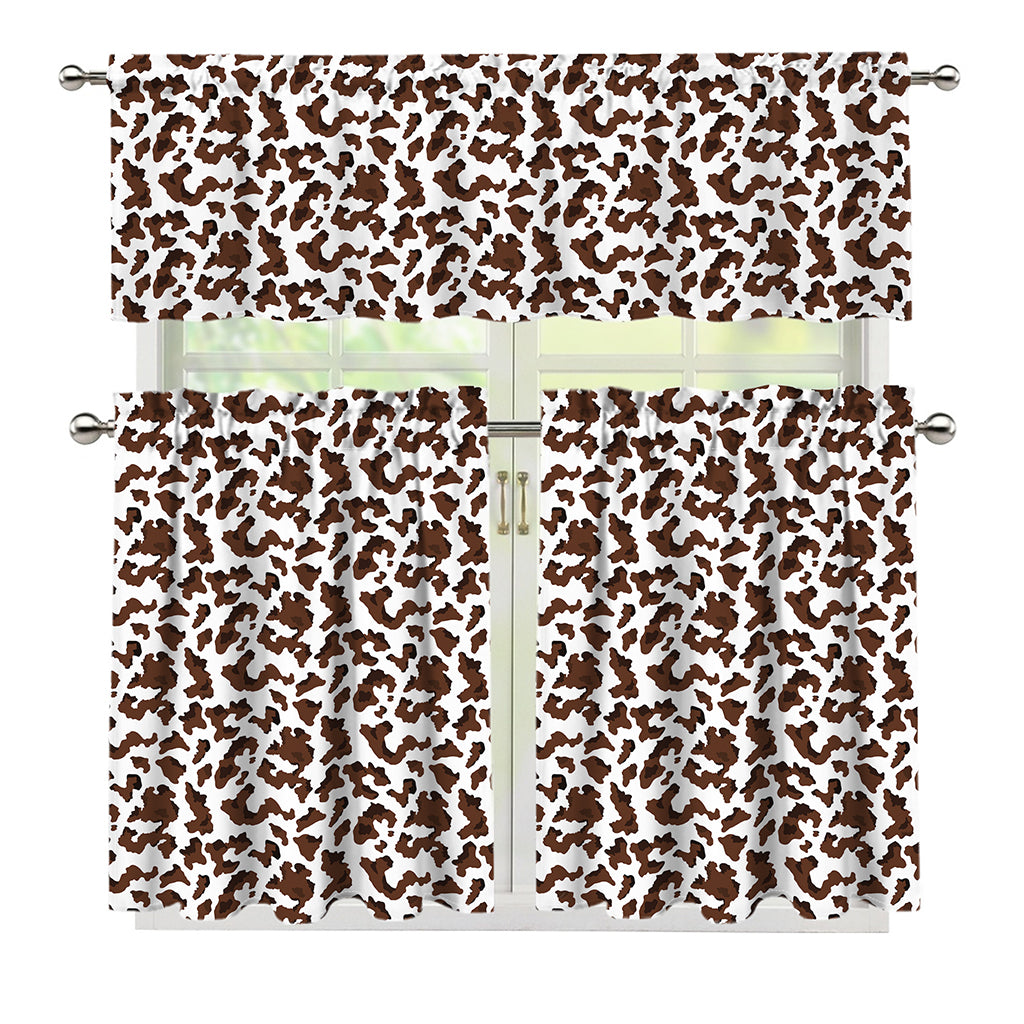 Brown And White Cow Pattern Print 3 Piece Kitchen Curtains