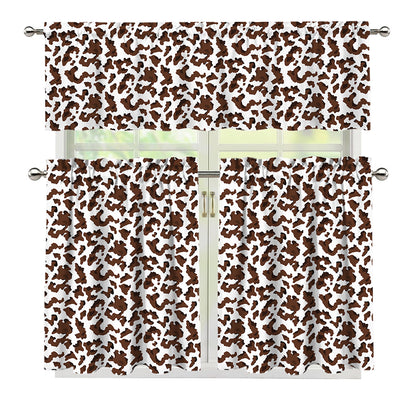 Brown And White Cow Pattern Print 3 Piece Kitchen Curtains