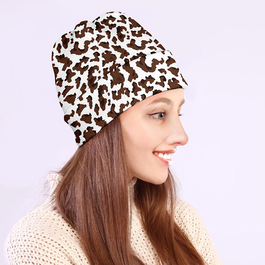 Brown And White Cow Pattern Print Beanie