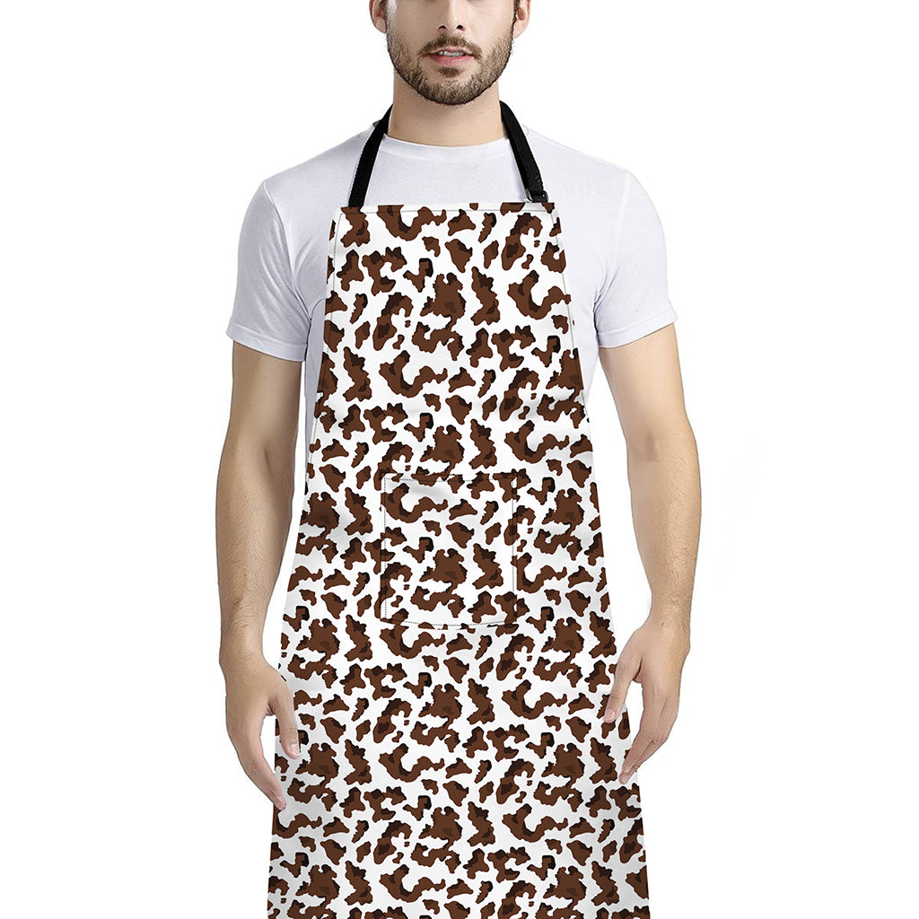 Brown And White Cow Pattern Print Bib Apron With Pocket
