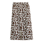 Brown And White Cow Pattern Print Cotton Front Slit Maxi Skirt