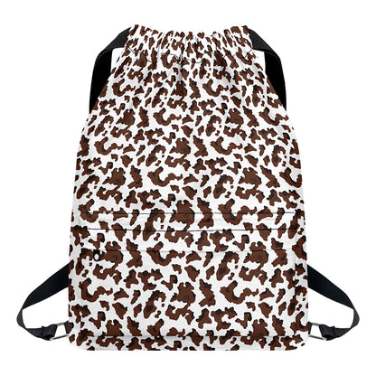 Brown And White Cow Pattern Print Drawstring Backpack
