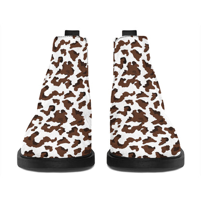 Brown And White Cow Pattern Print Flat Ankle Boots