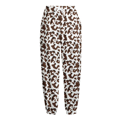 Brown And White Cow Pattern Print Fleece Lined Knit Pants