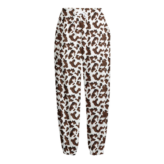 Brown And White Cow Pattern Print Fleece Lined Knit Pants