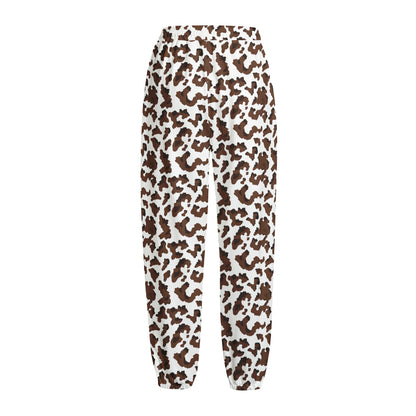 Brown And White Cow Pattern Print Fleece Lined Knit Pants