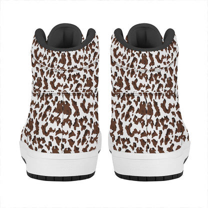 Brown And White Cow Pattern Print High Top Leather Sneakers