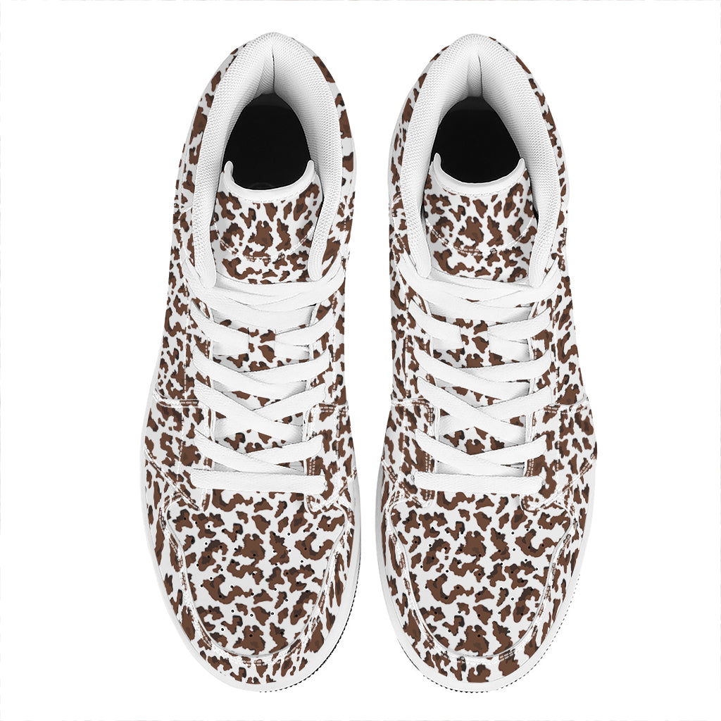 Brown And White Cow Pattern Print High Top Leather Sneakers