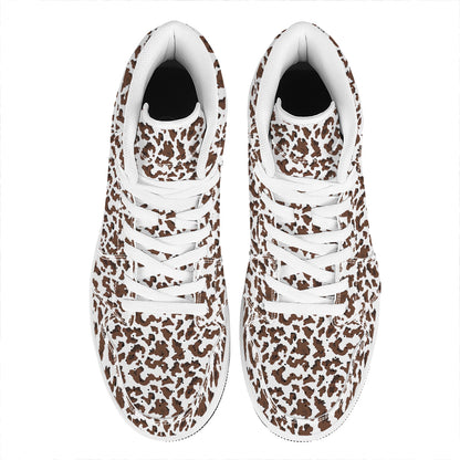 Brown And White Cow Pattern Print High Top Leather Sneakers
