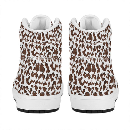 Brown And White Cow Pattern Print High Top Leather Sneakers