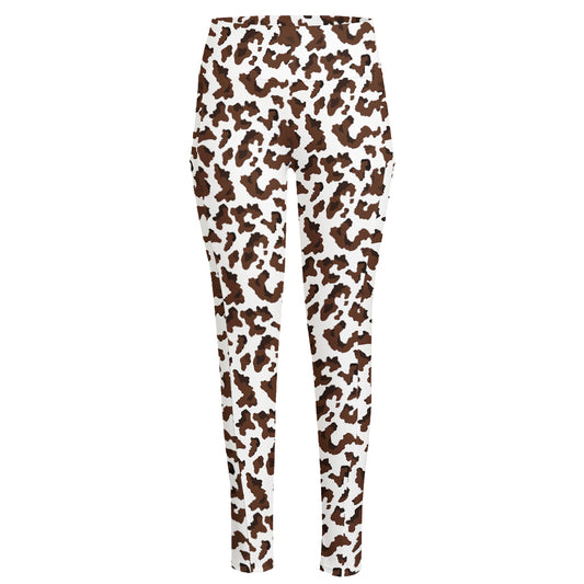 Brown And White Cow Pattern Print High-Waisted Pocket Leggings
