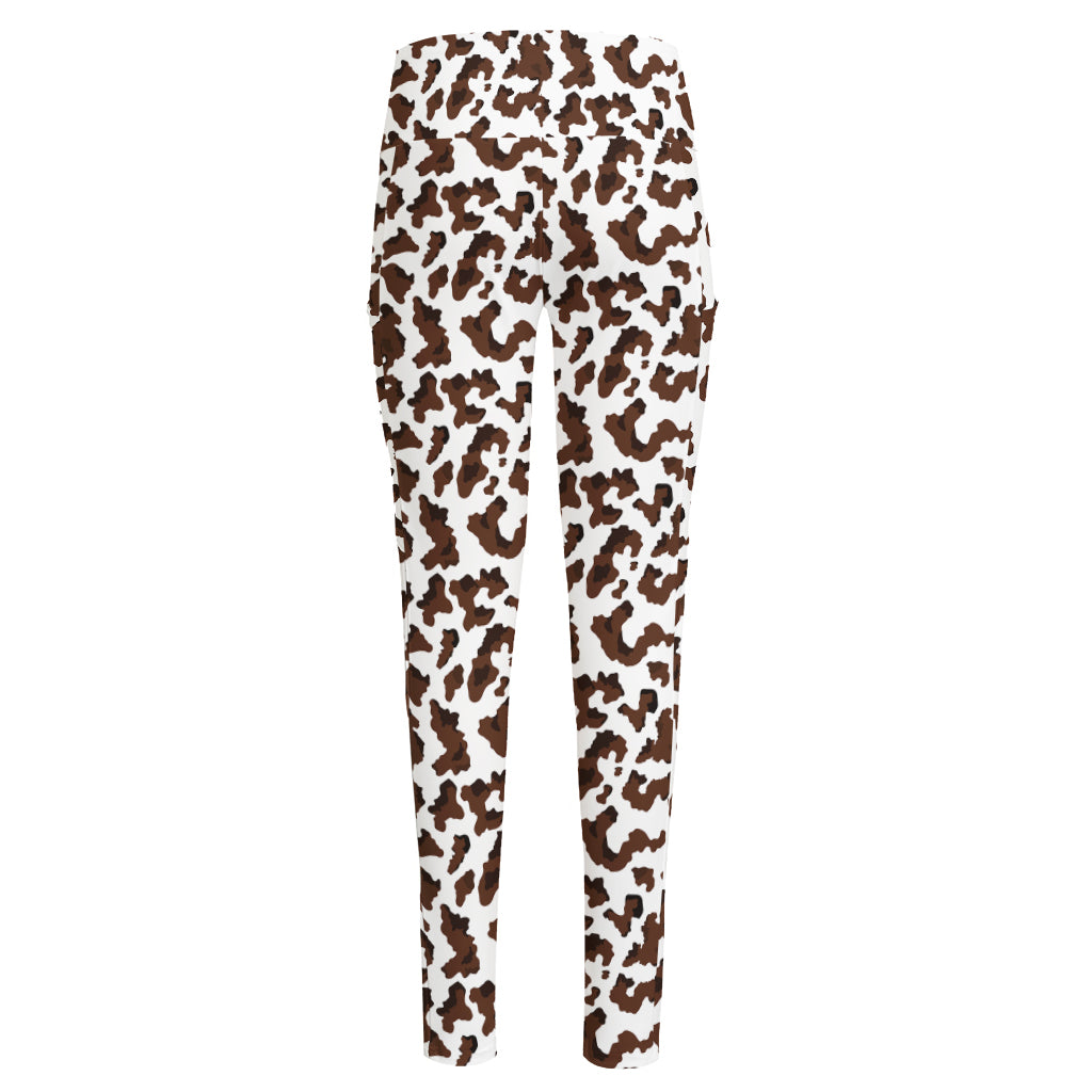 Brown And White Cow Pattern Print High-Waisted Pocket Leggings