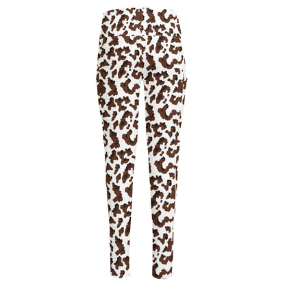 Brown And White Cow Pattern Print High-Waisted Pocket Leggings