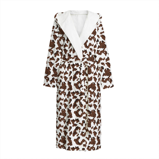Brown And White Cow Pattern Print Hooded Bathrobe
