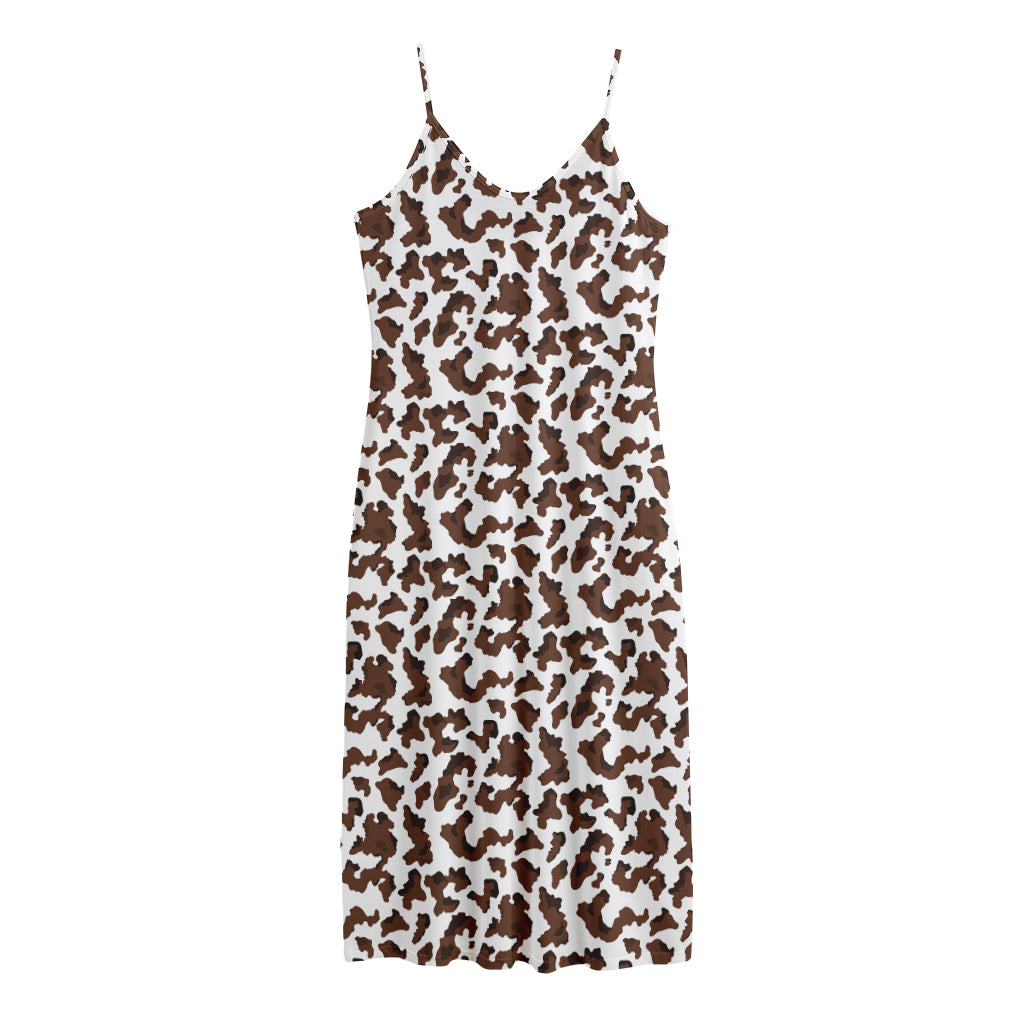 Brown And White Cow Pattern Print Jersey Midi Cami Dress