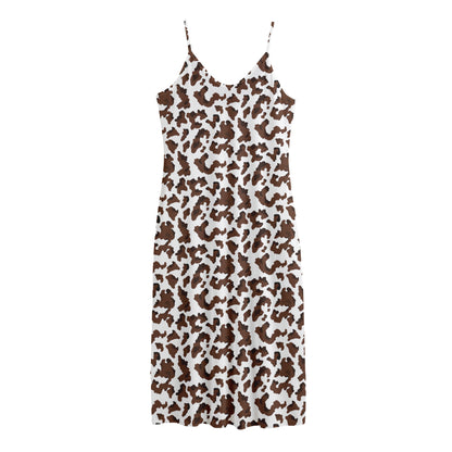 Brown And White Cow Pattern Print Jersey Midi Cami Dress