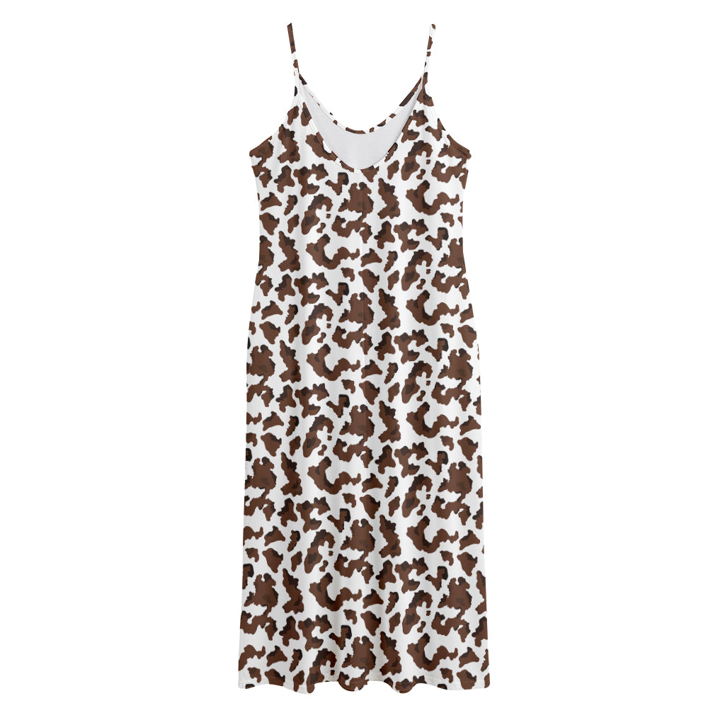 Brown And White Cow Pattern Print Jersey Midi Cami Dress