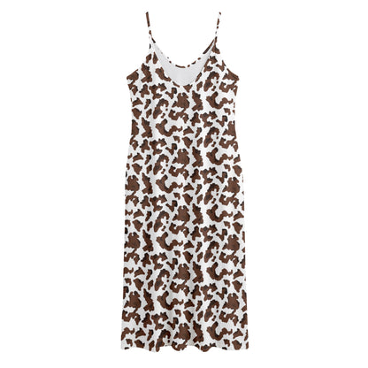 Brown And White Cow Pattern Print Jersey Midi Cami Dress