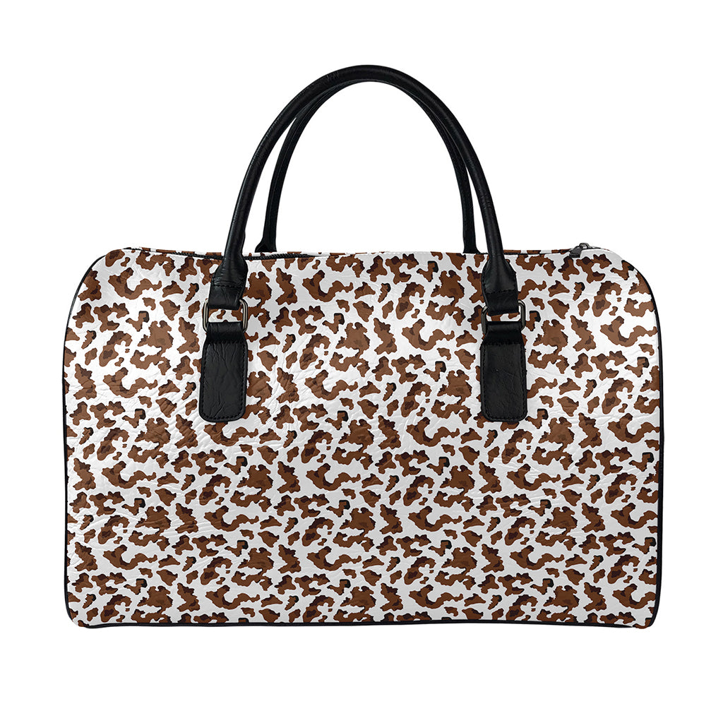 Brown And White Cow Pattern Print Leather Duffle Bag