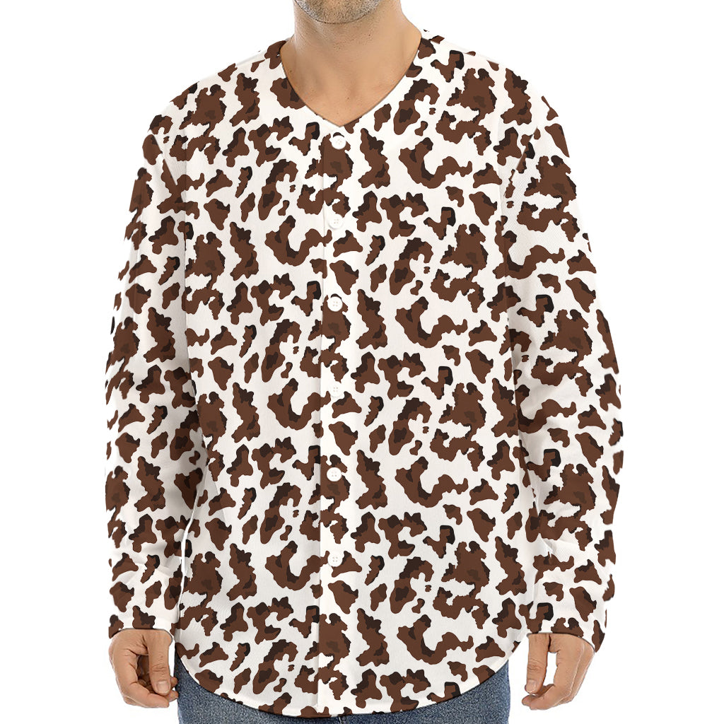 Brown And White Cow Pattern Print Long Sleeve Baseball Jersey