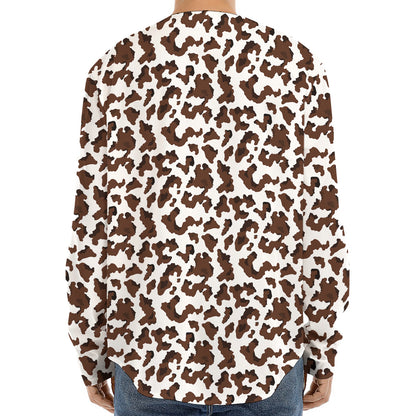 Brown And White Cow Pattern Print Long Sleeve Baseball Jersey
