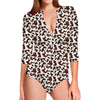 Brown And White Cow Pattern Print Long Sleeve Swimsuit