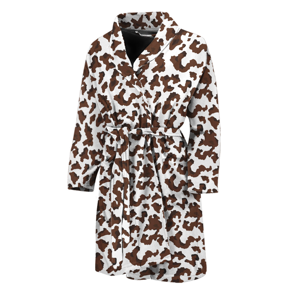 Brown And White Cow Pattern Print Men's Bathrobe
