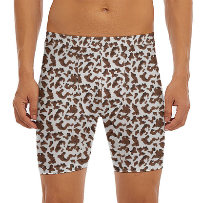 Brown And White Cow Pattern Print Men's Long Boxer Briefs