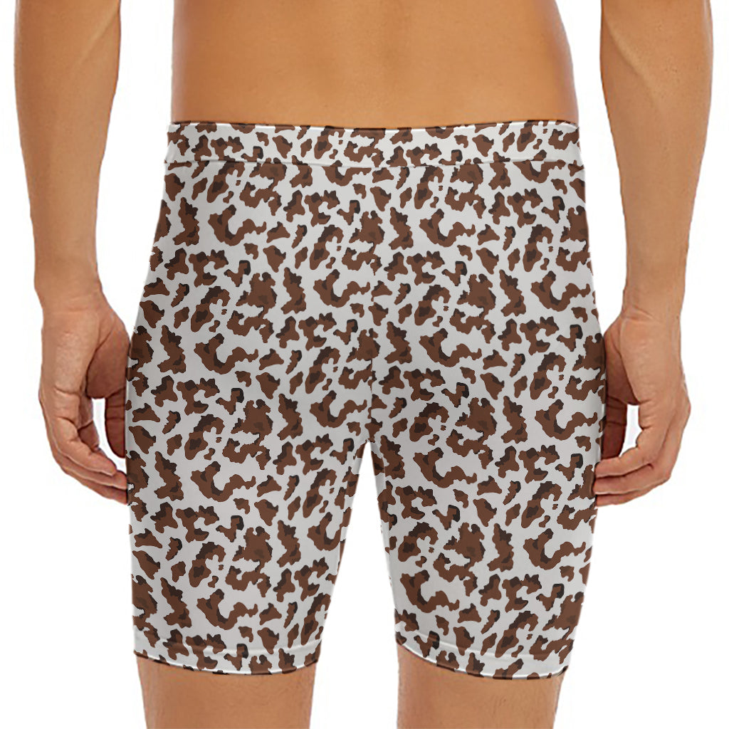 Brown And White Cow Pattern Print Men's Long Boxer Briefs