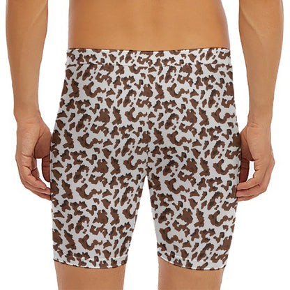 Brown And White Cow Pattern Print Men's Long Boxer Briefs