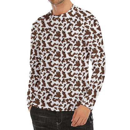 Brown And White Cow Pattern Print Men's Long Sleeve Rash Guard