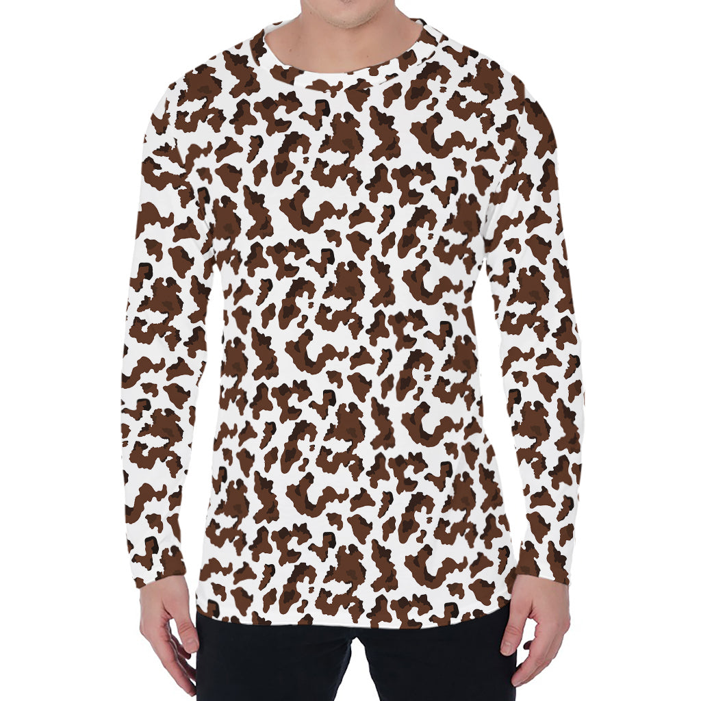 Brown And White Cow Pattern Print Men's Long Sleeve T-Shirt