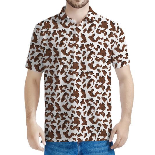Brown And White Cow Pattern Print Men's Polo Shirt