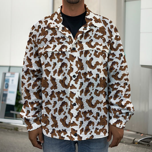 Brown And White Cow Pattern Print Men's Shirt Jacket